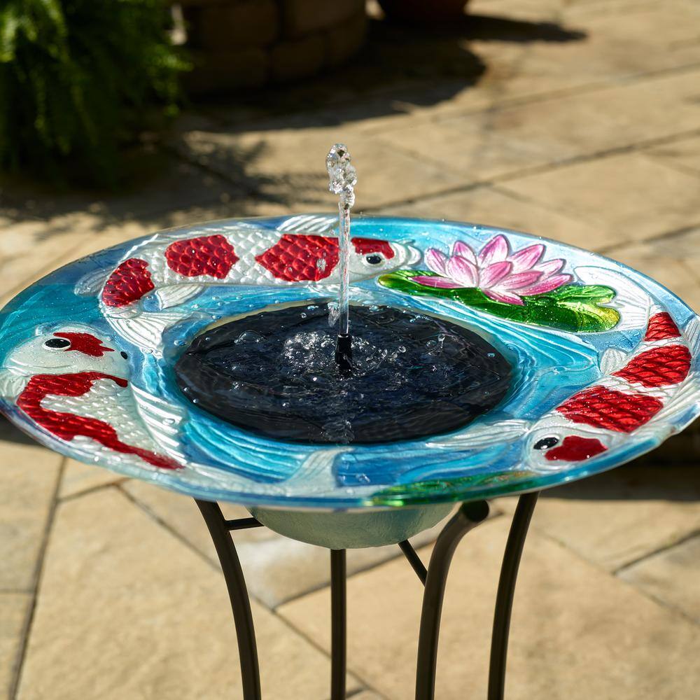 Hand-Painted Glass Koi Solar Birdbath with Steel Stand