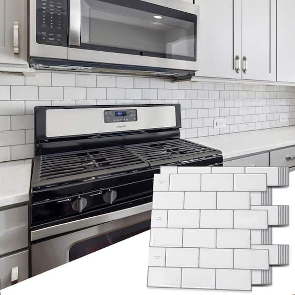LONGKING 10-Sheet Peel and Stick Tile for Kitchen Backsplash, 12x12 Inches White Subway Tile with Grey Grout