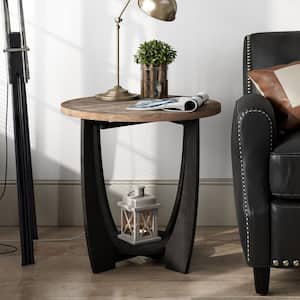 23.75 in. D x 23.75 in. W x 23.25 in. H Rustic Farmhouse Round Black Brown Wood End Table with Storage Shelf