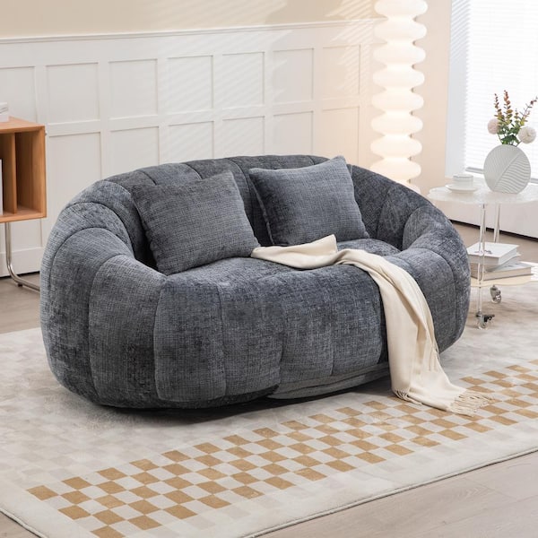 59 in. Gray Chenille 2-Seater Loveseat Comfort Lounger High Back Bean Bag Chair Lazy Sofa Couch with Pillows