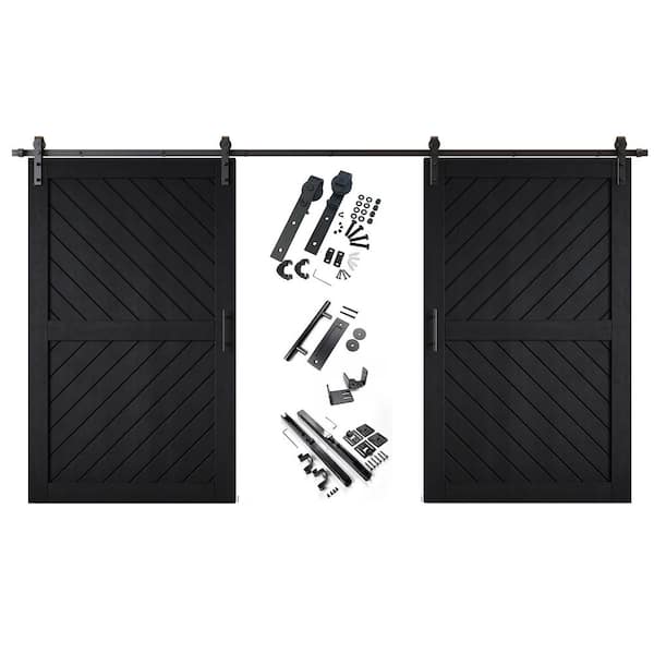 XT4 42 in. x 80 in. C-Panel Black Slanted Stripe Design Double Pine Wood Sliding Barn Door with Hardware Kit