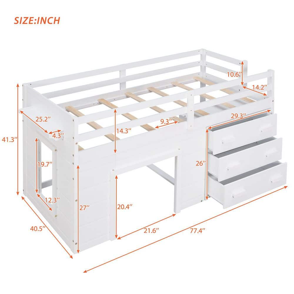 White Twin Size Pine Loft Bed with Storage Drawers