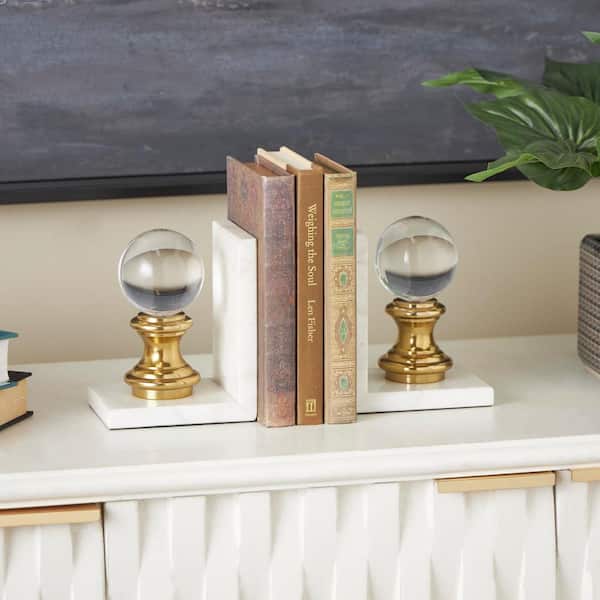 White Marble Bookends with Glass Orbs and Gold Accents (Set of 2)