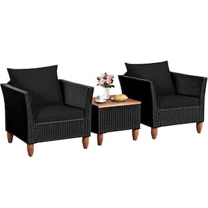 3-Piece Wicker Outdoor Patio Conversation Set Furniture Set with Black Cushions and Acacia Wood Coffee Table