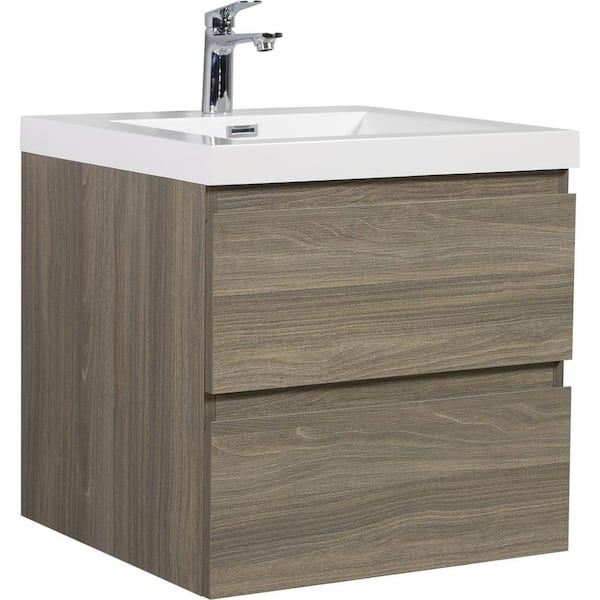 24 in. W Floating Single Sink Bath Vanity in Ash Grey with Gloss White Resin Top