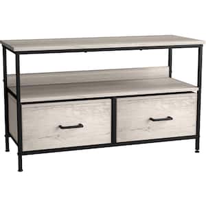 11 in. L x 22in. W x 38 in. H 2-Drawer Greige TV Stand Steel Frame Wood Top Easy Pull Fabric Bins