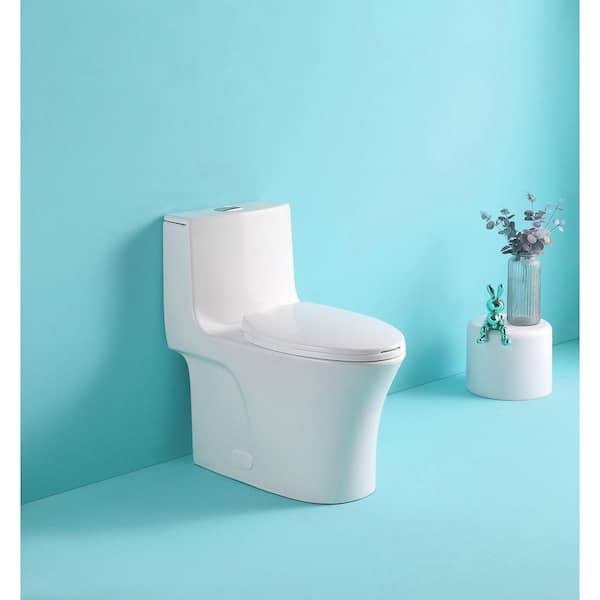 12 in. Rough 1-Piece 1.1/1.6 GPF Dual Flush Bathroom Elongated Toilet in Glossy White Seat Included