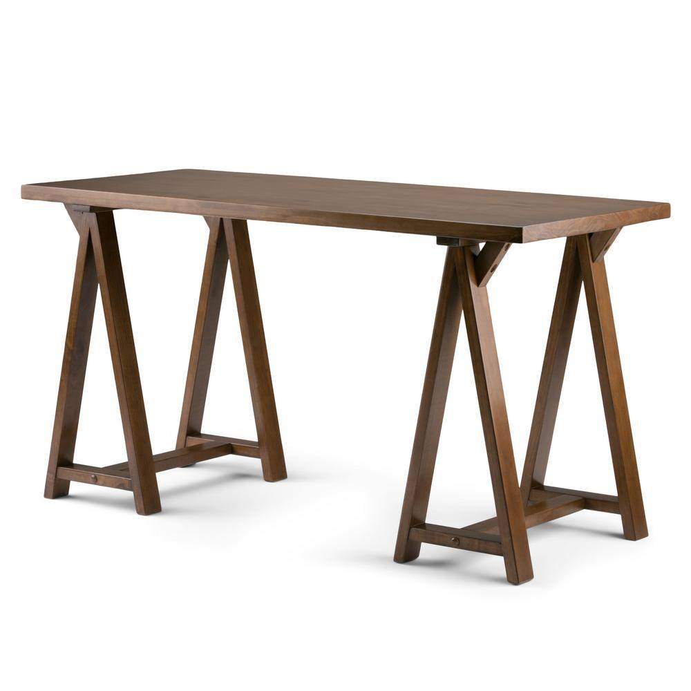 Sawhorse Solid Wood 56" Wide Industrial Writing Desk in Medium Saddle Brown