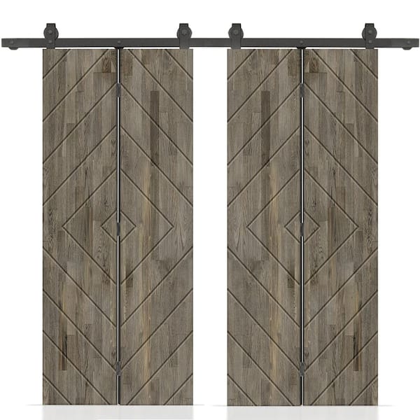 CALHOME Diamond 60 in. x 84 in. Weather Gray Stained Hollow Core Pine Wood Double Bi-Fold Door with Sliding Hardware Kit