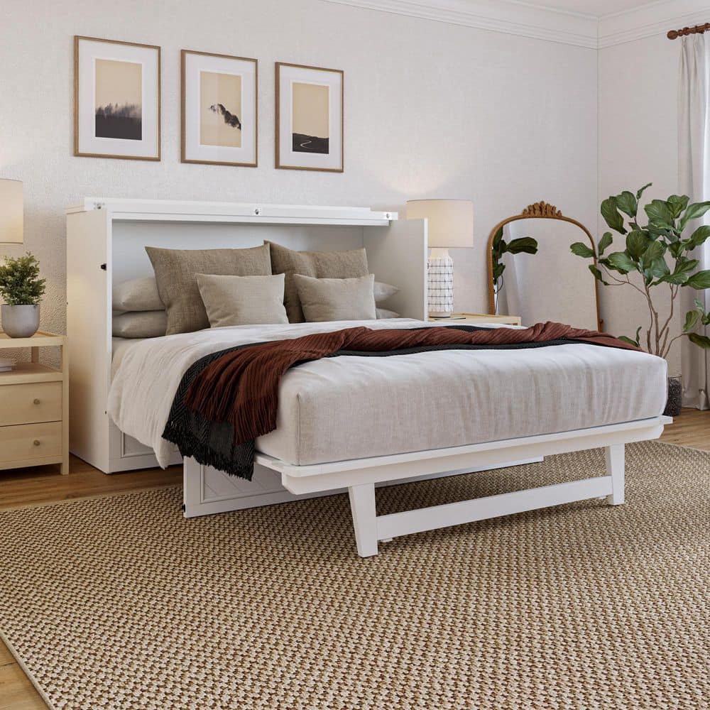White Queen Murphy Bed Chest with Storage Drawer and USB Ports