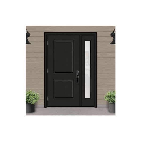 Regency 53 in. x 80 in. 2P Squaretop RHOS Onyx Stain Mahogany Fiberglass Prehung Front Door with Obscure 14in. SL 4-9/16