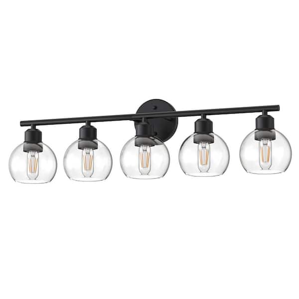 32.67 in. 5-Light Black Vanity Light Fixtures Over Mirror with Clear Globe Glass Shades, Modern Bathroom Wall Sconce