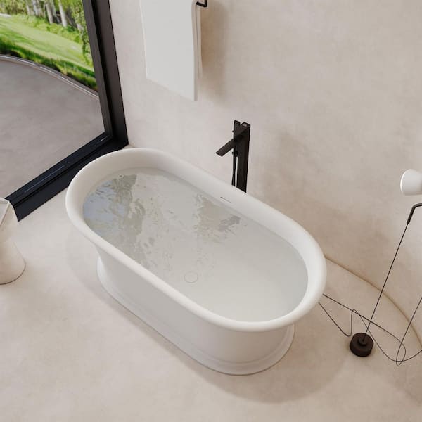 61 in. x 30.7 in. Stone Resin Solid Surface Freestanding Flatbottom Soaking Bathtub in Matte White