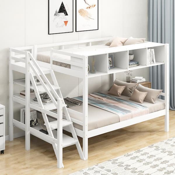 GODEER White Twin Over Full Bunk Bed with Staircase and Built-in ...