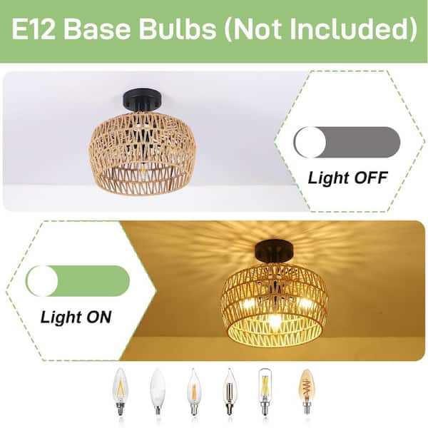 12.6 in. 3-Light Brown Boho Rattan Semi Flush Mount Ceiling Light Fixture with Rattan Shade