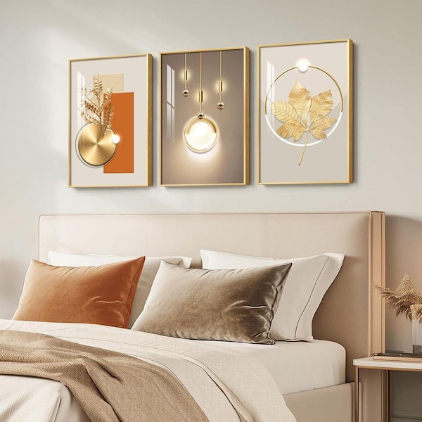 3 Piece Framed Modern Luxury Gold Wall Art Poster, Golden Prints