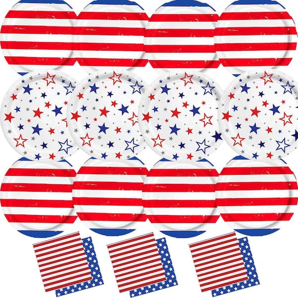 4th of July Patriotic Party Supplies, Paper Disposable Plates and Napkins Set, Red White Blue Tableware, Serves 30