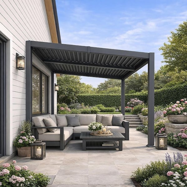 10 ft. x 12 ft. Grey Aluminum Outdoor Sloping Roof Louvered Pergola with Individual Adjustable Sunshade Roofs