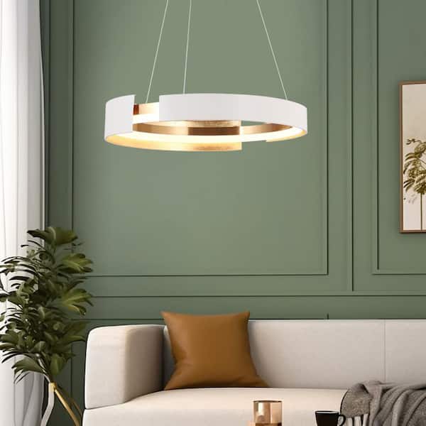 24W Round Integrated LED Chandelier Lighting for Dining Room, Modern 1-Light White and Gold Drum Island Pendant Lights