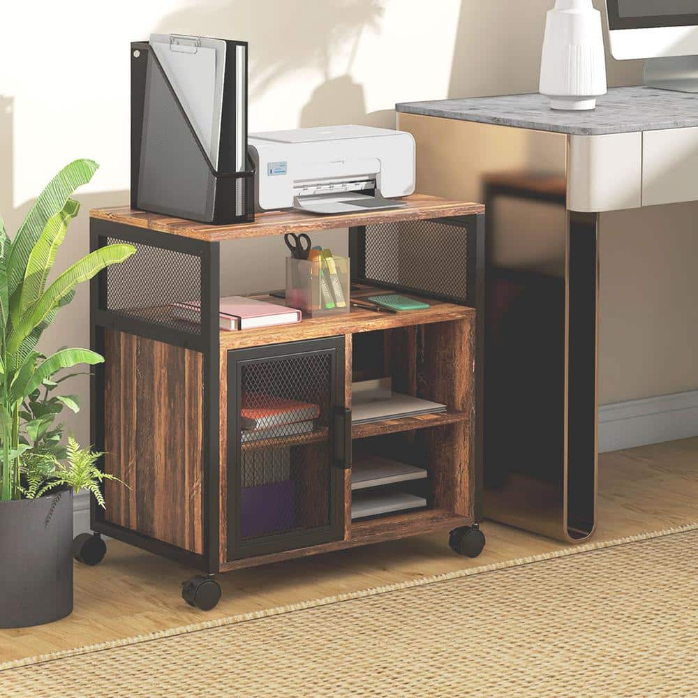 Rustic Brown Mobile Printer Stand with Storage Cabinet and USB Ports