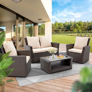 4-Piece Wicker Patio Conversation Sets Furniture Sets with Cushions in Beige