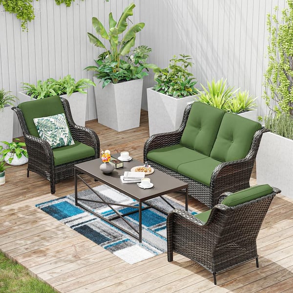 JOYSIDE 4-Piece Wicker Patio Conversation Set and Chairs with Green Cushions and Brown Steel Table