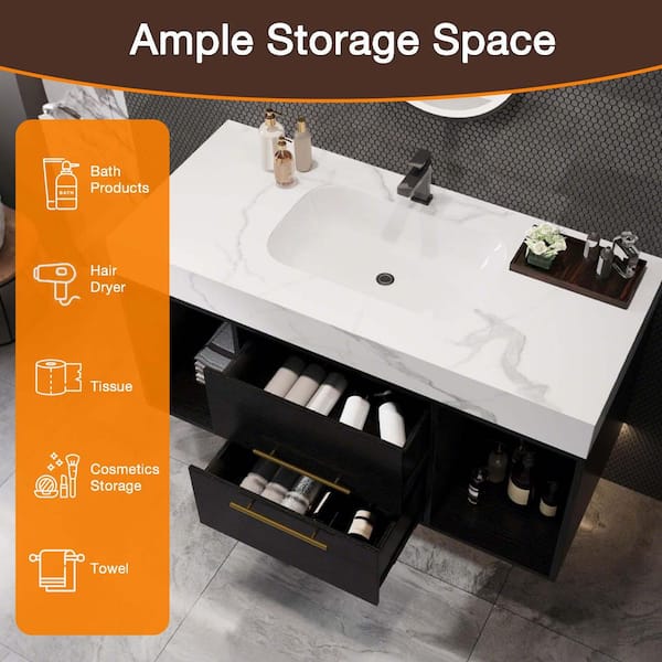 39.4 in. Wall Mounted Single Sink Black Bath Vanity with White Sintered Stone Top Requires Assembly