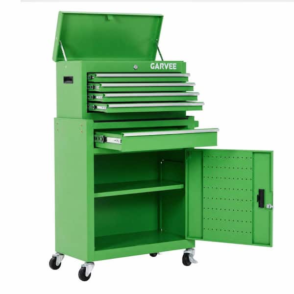 5‑Drawer 2‑in‑1 Lockable Rolling Tool Chest, Metal Tool Box Cart with Casters for Garage Workshop, Green