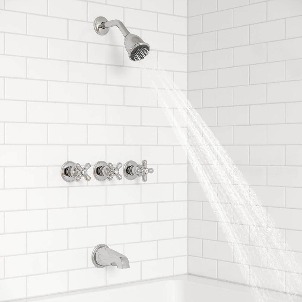 Polished Chrome Wall Mounted 3-Handle Tub and Shower Faucet