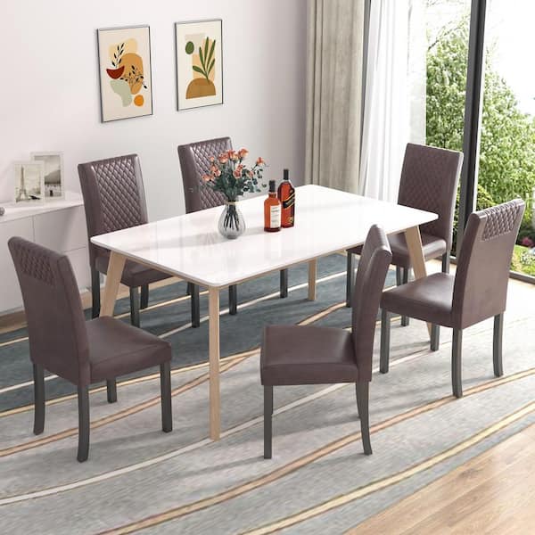 VECELO Dining Chairs Set of 6, High Back Fabric Upholstered Chairs with Wood Legs for Kitchen and Living Room, Brown
