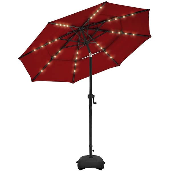 PASAMIC 9 ft. 3 Tiers Aluminum Solar Led Market Umbrella Outdoor Patio Umbrella with Base and 32 LED Lights in Burgundy