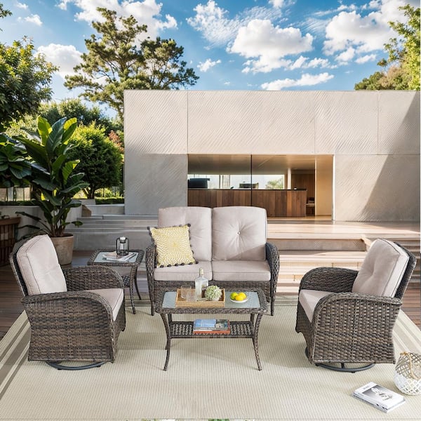 Gymojoy Carlos Brown 5-Piece Sofa Set Wicker Patio Conversation Deep Seating Set with Thick Beige Cushions