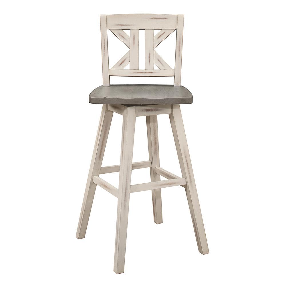 Distressed Gray and White Swivel Rubberwood Bar Stool