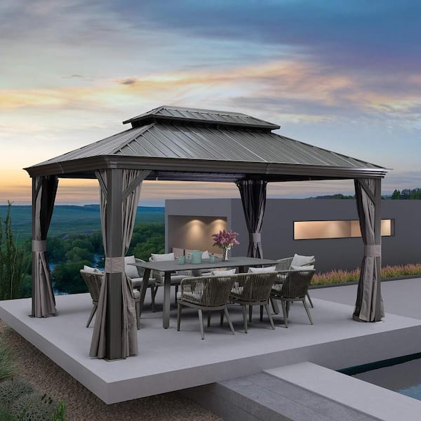 PURPLE LEAF 10 ft. x 14 ft. Gray Aluminum Hardtop Gazebo Canopy for Patio Deck Backyard Heavy-Duty with Netting and Curtains
