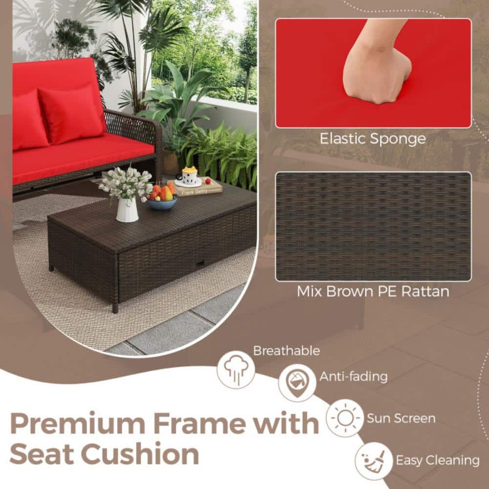 Red Adjustable Rattan Loveseat with Multifunctional Ottoman