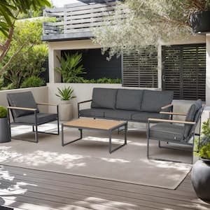 4-Piece Gray Wicker Patio Conversation Set with Gray Cushions, Faux Wood Grain Frame Coffee Table