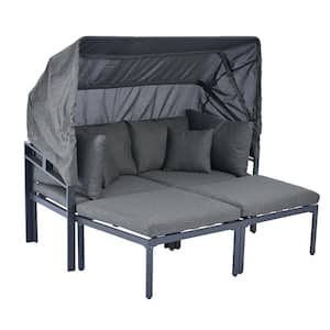 3-Piece Metal Outdoor Patio Furniture Set Day Bed Sunbed with Retractable Canopy Grey Cushions