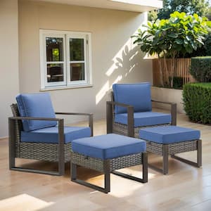 Allcot 4-Piece Outdoor Gray Wicker Patio Lounge Chair Outdoor Chairs Set of 2 with Ottomans with Blue Cushions