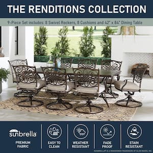 Renditions 9-Piece Aluminum Outdoor Dining Set with Sunbrella Silver Cushions, 8 Swivel Rockers and 42x84 in. Table