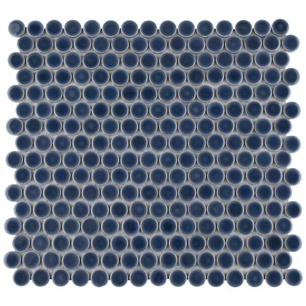 Merola Tile Hudson Penny Round Denim Blue 6 in. x 6 in. Porcelain Mosaic Take Home Tile Sample