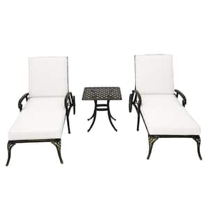 3-Piece Cast Aluminum Outdoor Chaise Lounge with Side Table and Beige Cushion