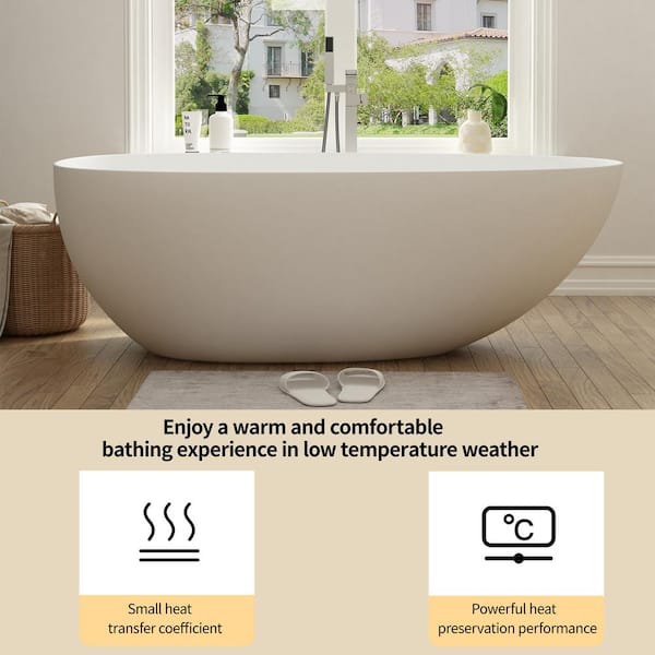 59 in. Stone Resin Flatbottom Solid Surface Freestanding Double Slipper  Soaking Bathtub in White with Brass Drain