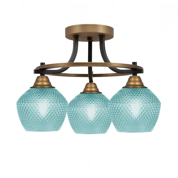 Madison 13.75 in. 3- Light Matte Black and Brass Semi Flush Mount with 6 in. Turquoise Glass Shades No bulbs included
