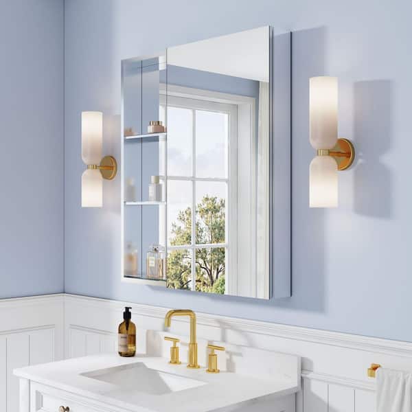 32.1 in. W x 36 in. H Rectangular Polished Aluminum Tri-View Soft Close Medicine Cabinet with Mirror Combo, Reversible