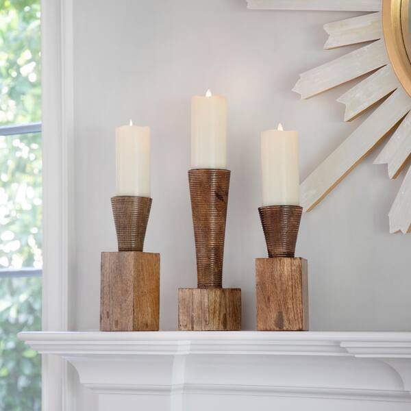 Liv & Skye Brown Wood 10 in. H Geometric Candle Holder