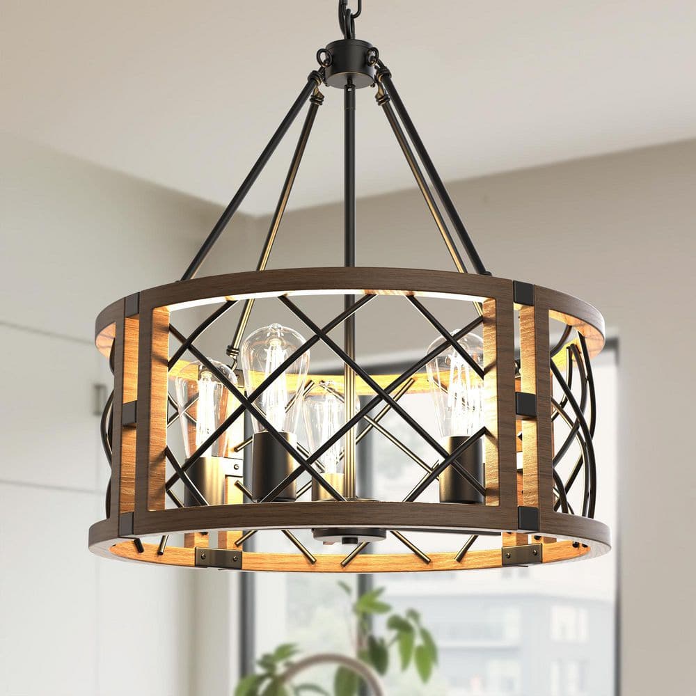 チップ YANSUN 20 in. 5-Light Black Farmhouse Chandelier Pendant Light