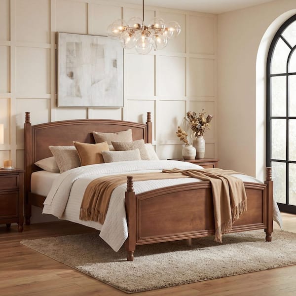 Walnut Brown Solid Wood Frame Queen Size Platform Bed with Headboard and Footboard