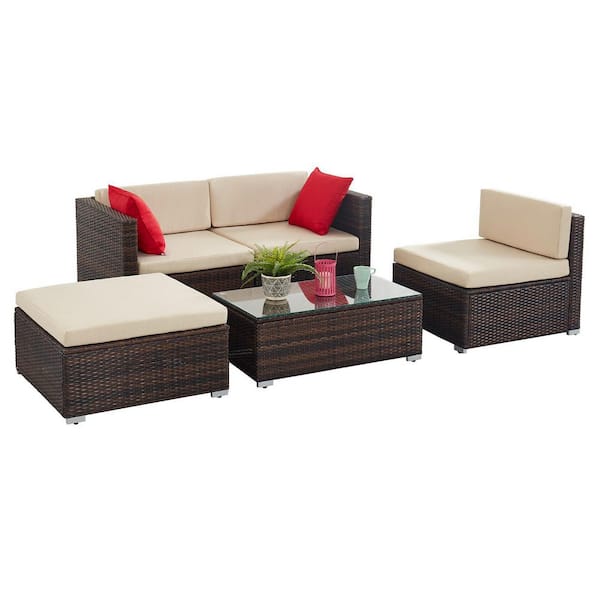 EDYO LIVING 5-Piece Steel Wicker Outdoor Patio Conversation Set with Cover and Beige Cushions