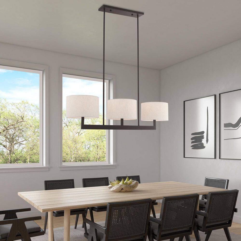 Contemporary Bronze 3-Light Chandelier with Oatmeal Fabric Shade