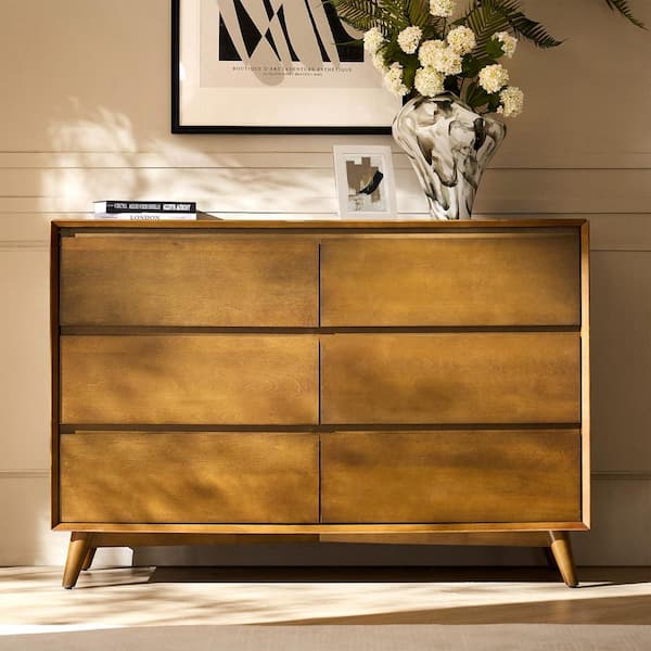 JAYDEN CREATION Gentile Acorn 52 in. Midcentury 6-Drawer Dresser with Solid Wood Legs